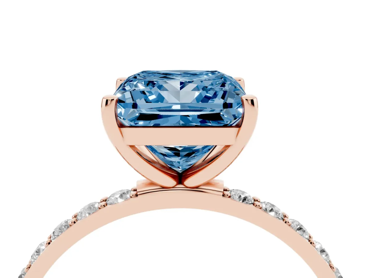 Fancy Blue Princess Cut Diamond Solitaire Ring with Round Pavé Shoulders and Prong Setting Rose gold