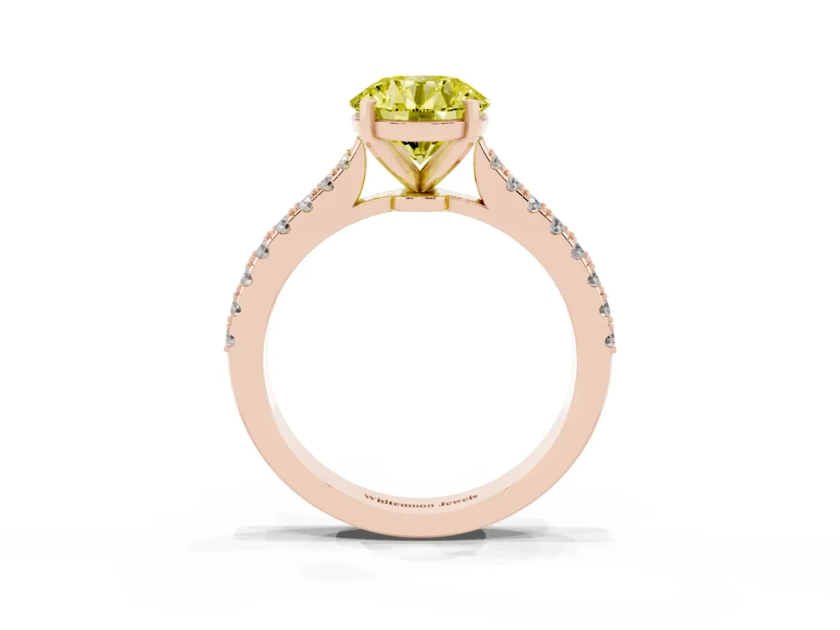 Fancy Yellow Round Cut Cut Solitaire Diamond Engagement Ring with Pave Band and Four-Prong Setting Rose gold