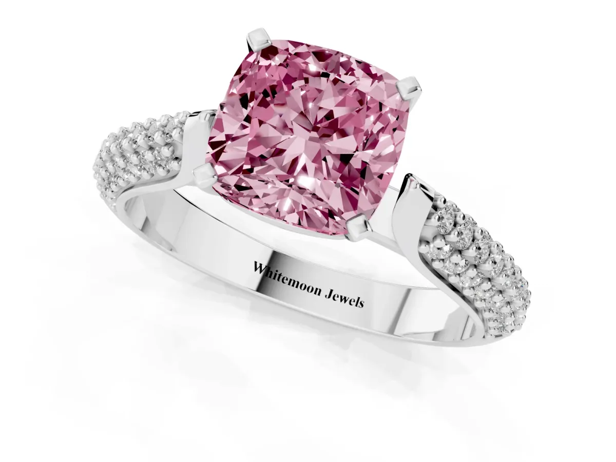 Fancy Pink Cushion Cut Diamond Solitaire Engagement Ring with Multi-Row Round Pavé Band and Prong Setting Silver