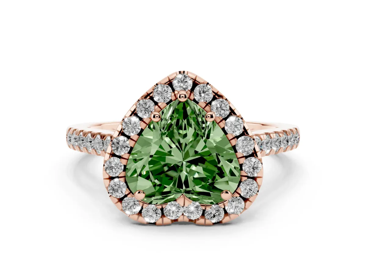 Fancy Green Heart Cut Halo Pavé Diamond Engagement Ring with Four-Prong Setting Rose gold