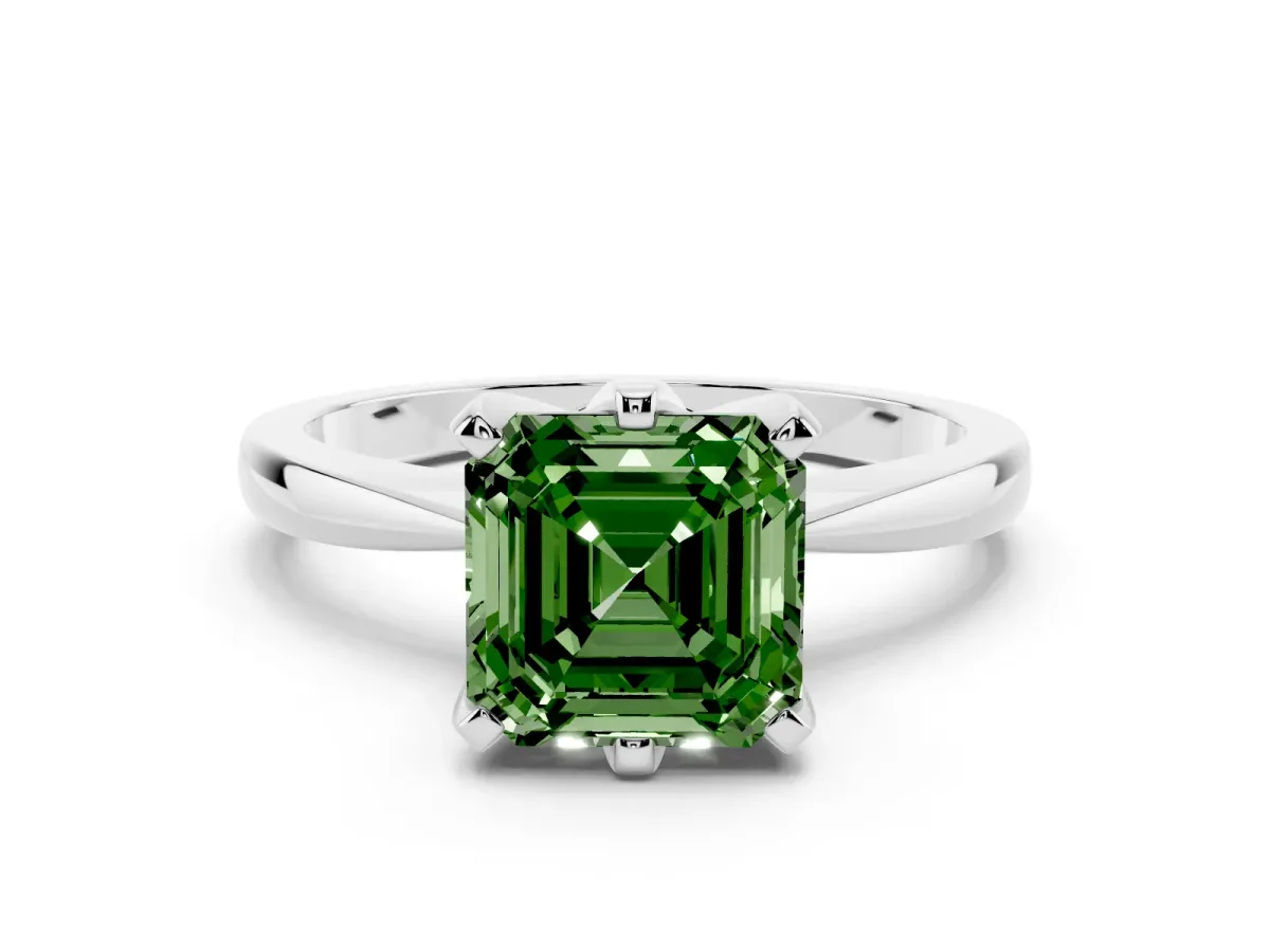 Fancy Green Asscher Cut Solitaire Engagement Ring with Six-Prong Setting and Tapered Band Platinum