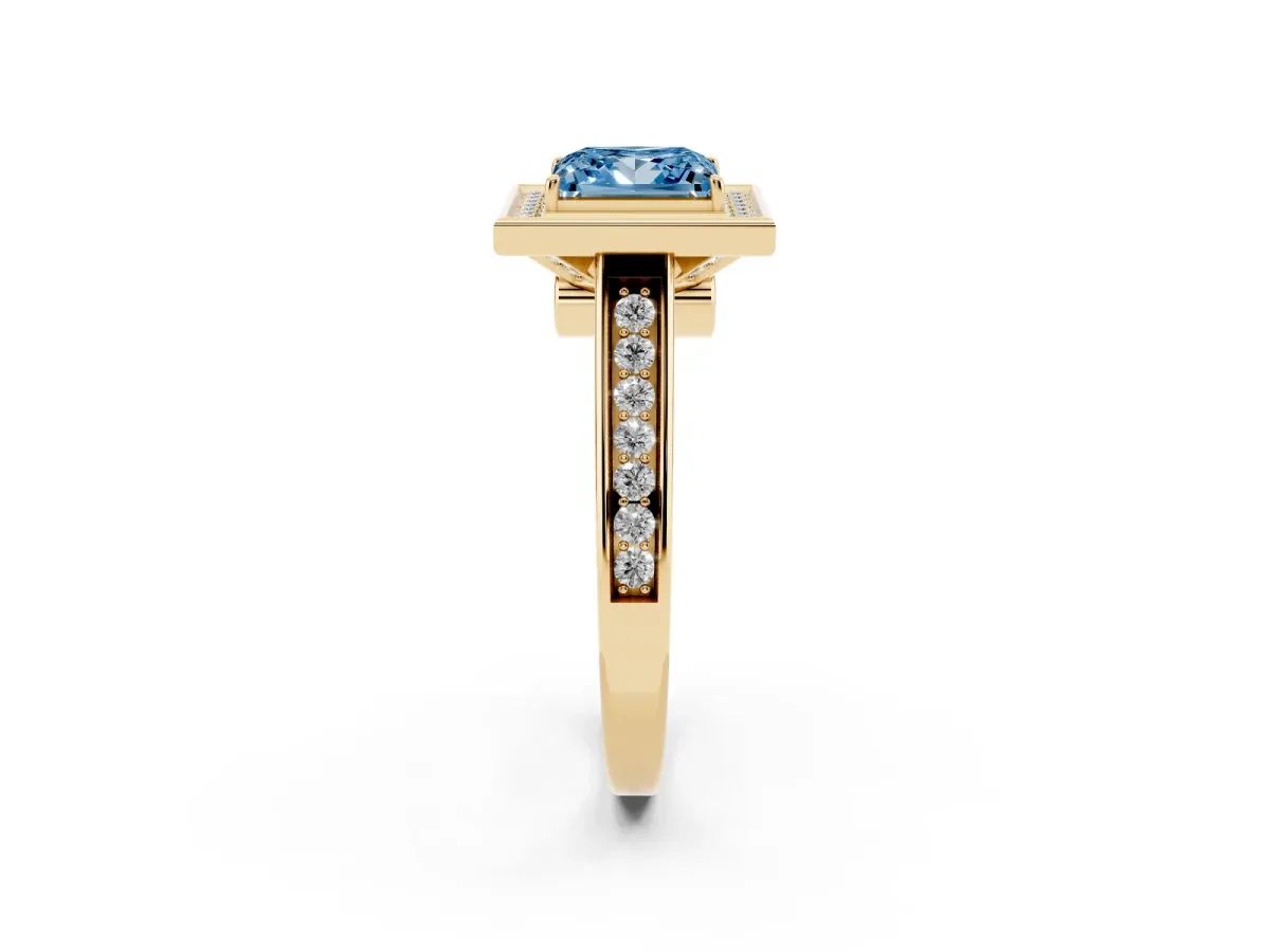 Fancy Blue Princess Cut Halo Solitaire Diamond Ring with Pave Band and Bezel Setting Yellow gold