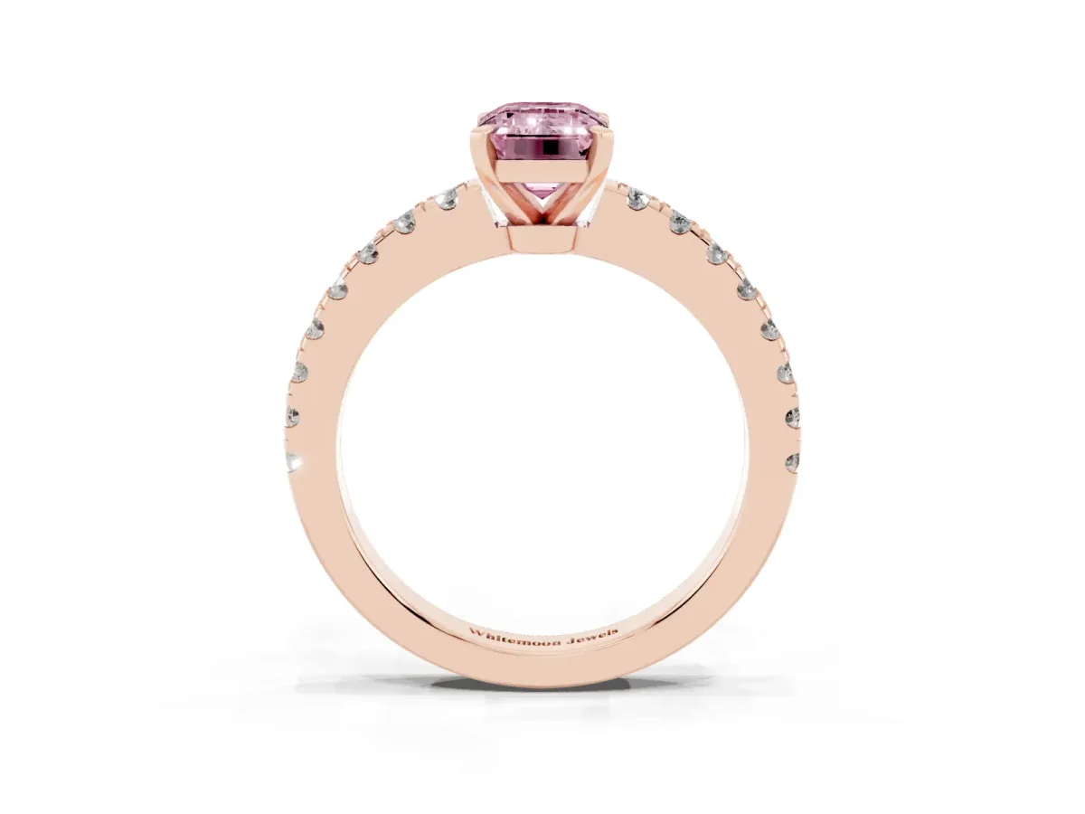 Fancy Pink Emerald Cut Solitaire Diamond with Pavé Band and Four-Prong Setting Rose gold