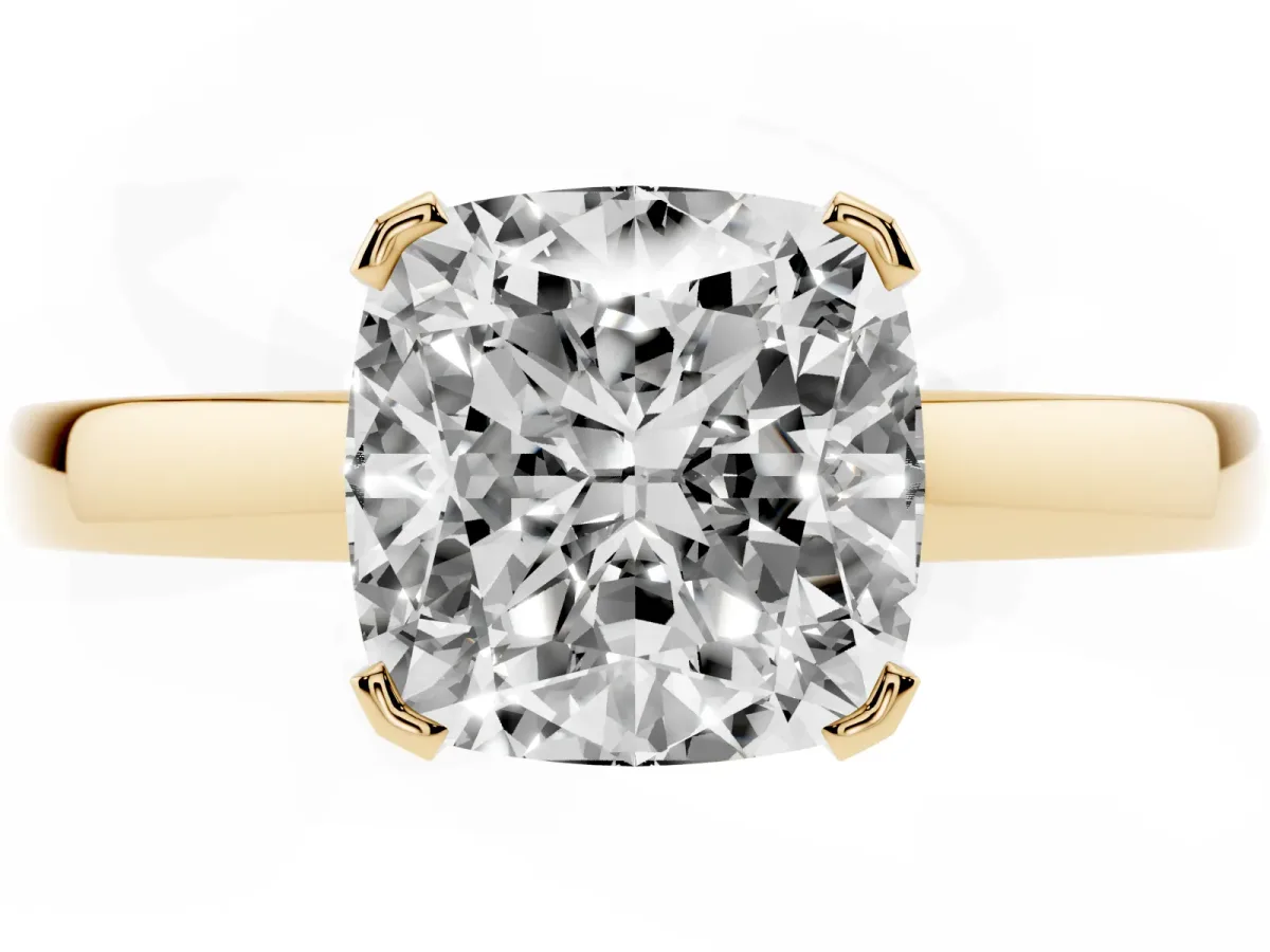 Cushion Cut Cut Solitaire Ring with Four-Prong Setting and Classic Band Yellow gold