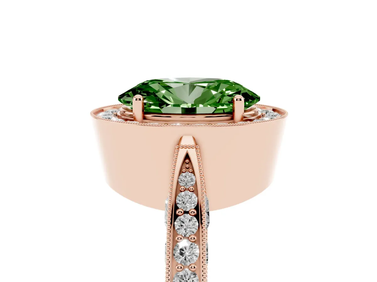 Fancy Green Oval Cut Halo Diamond Engagement Ring with Split Shank Band and Four-Prong Setting Rose gold
