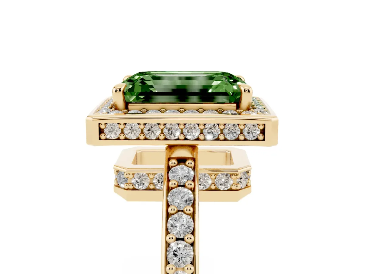 Fancy Green Emerald Cut Halo Pave Band Solitaire Ring with Prong Setting Yellow gold