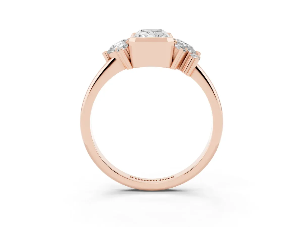 Radiant Diamond Engagement Ring with Pear and Round Side Stones Rose gold