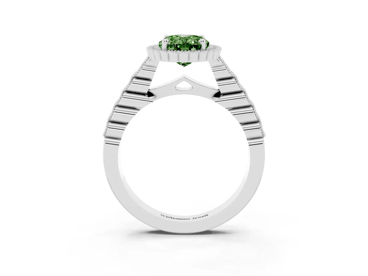 Fancy Green Oval Cut Cut Halo Pavé Solitaire Ring with Milgrain Band Silver