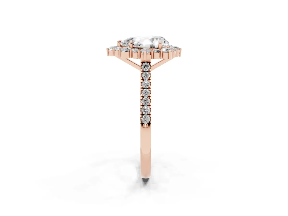 Pear Cut Halo Diamond Ring with Pavé Band and Prong Setting Rose gold