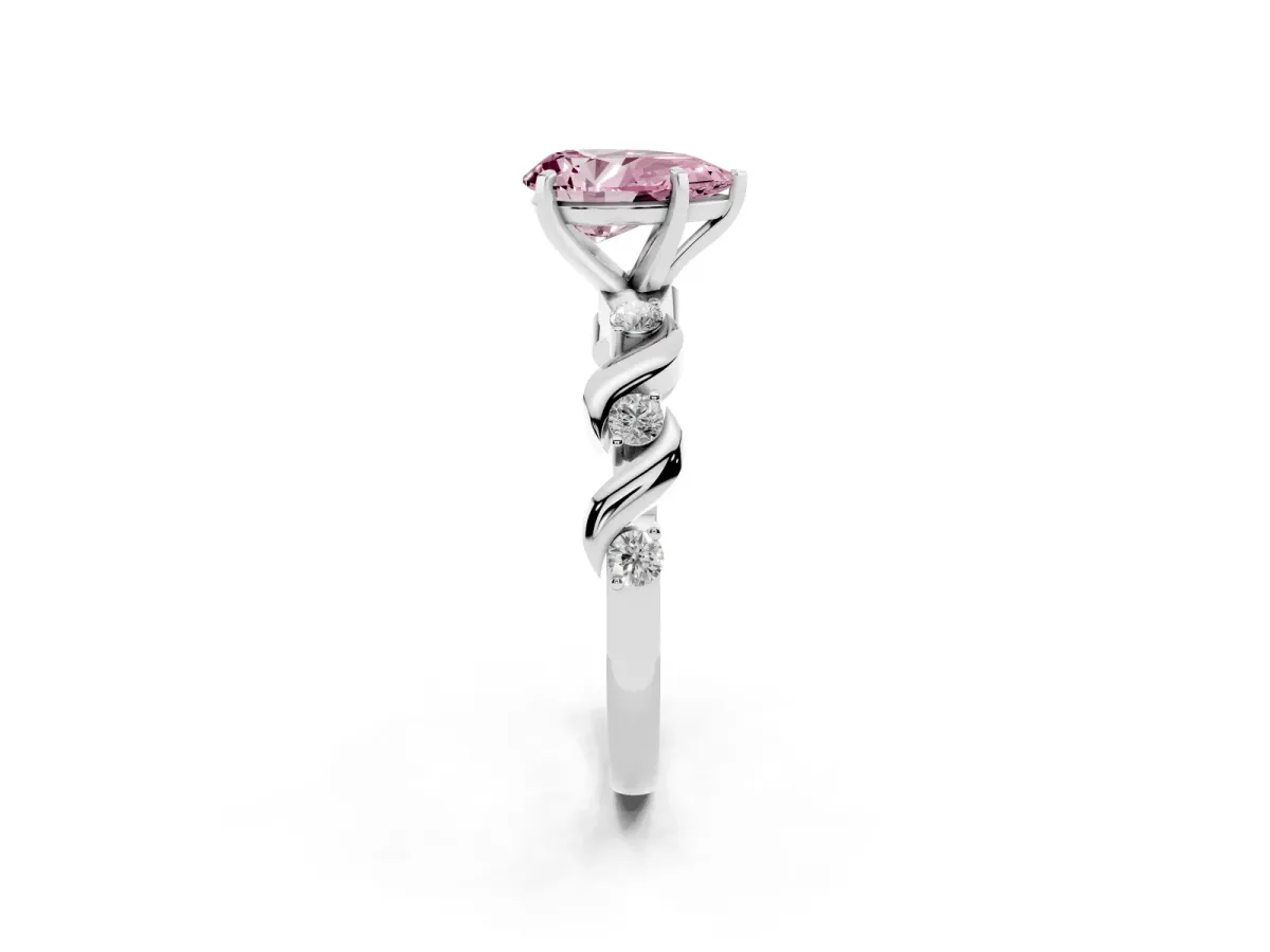 Fancy Pink Pear Cut Diamond Solitaire Twisted Band with Round Accents and Prong Setting Platinum