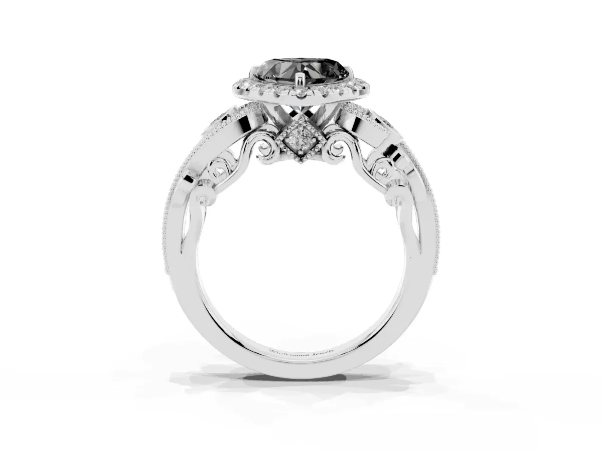 Fancy Black Heart Cut Halo Diamond Ring with Milgrain and Bezel Accents on a Split Shank Band White gold