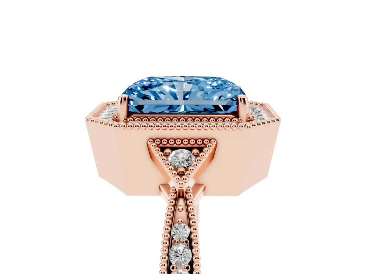 Fancy Blue Radiant Cut Halo Round Diamond Milgrain Pave Engagement Ring Rose gold