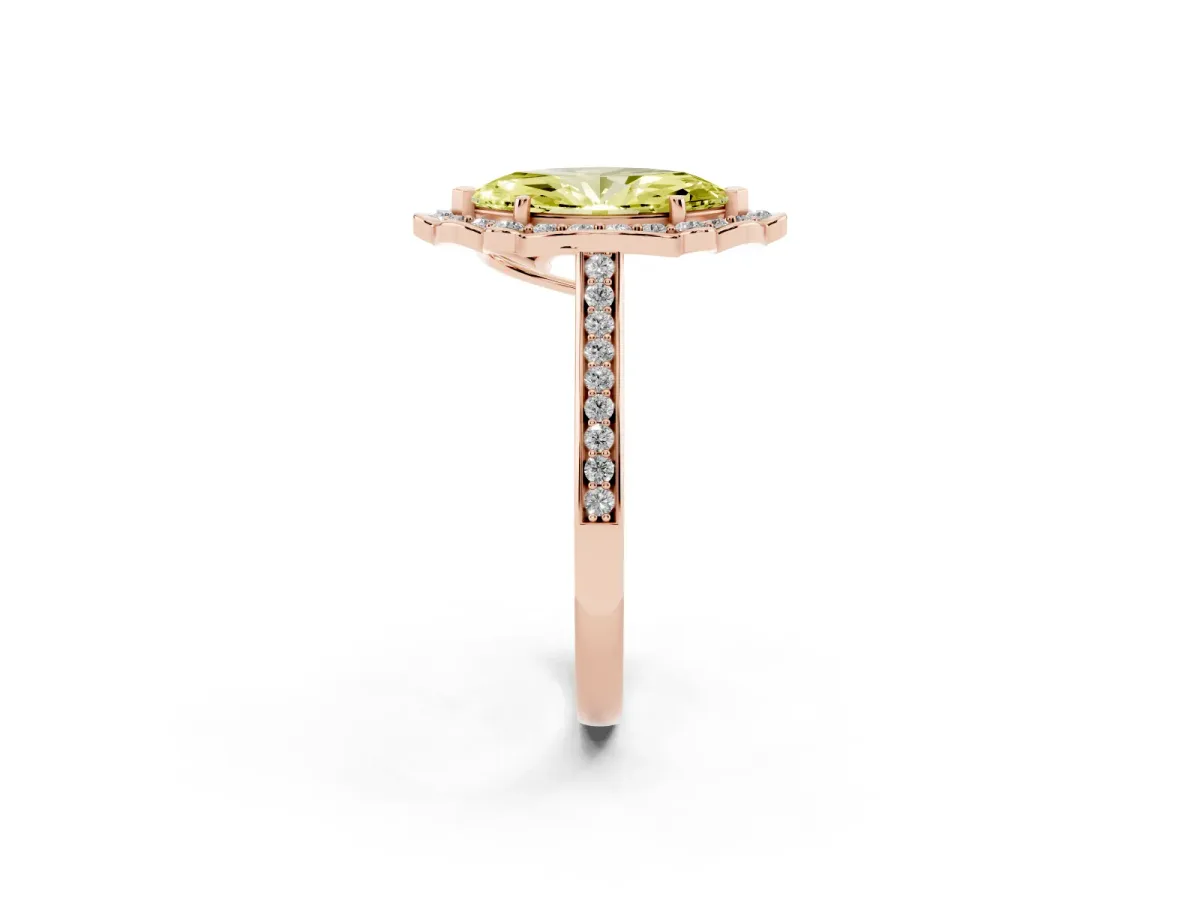 Fancy Yellow Marquise Cut Halo Round Diamond Pave Band with Four-Prong Setting Rose gold