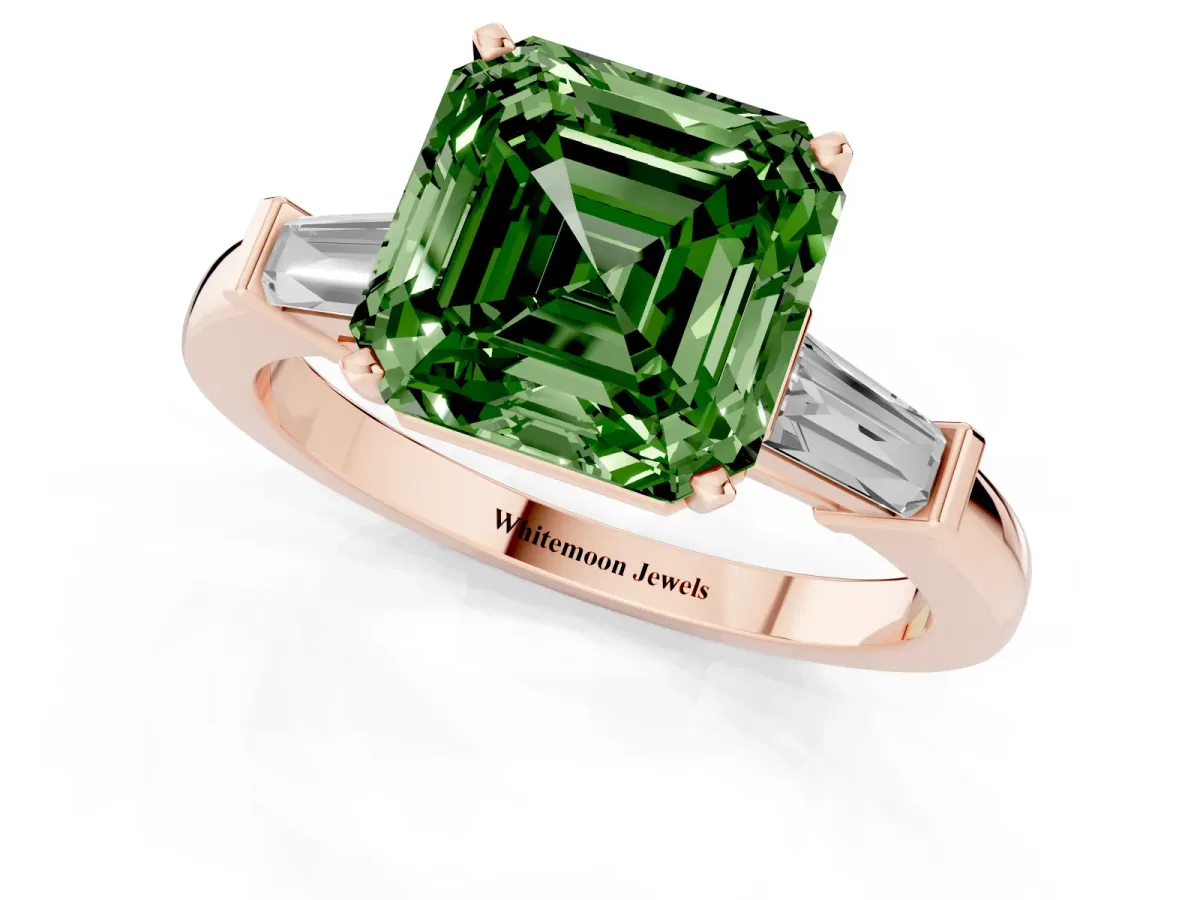 Fancy Green Asscher Cut Cut Diamond Solitaire Ring with Tapered Baguette Accents and Four-Prong Setting Rose gold