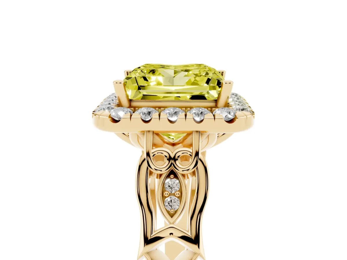Fancy Yellow Princess Cut Halo Diamond Engagement Ring with Filigree Band and Four-Prong Setting Yellow gold