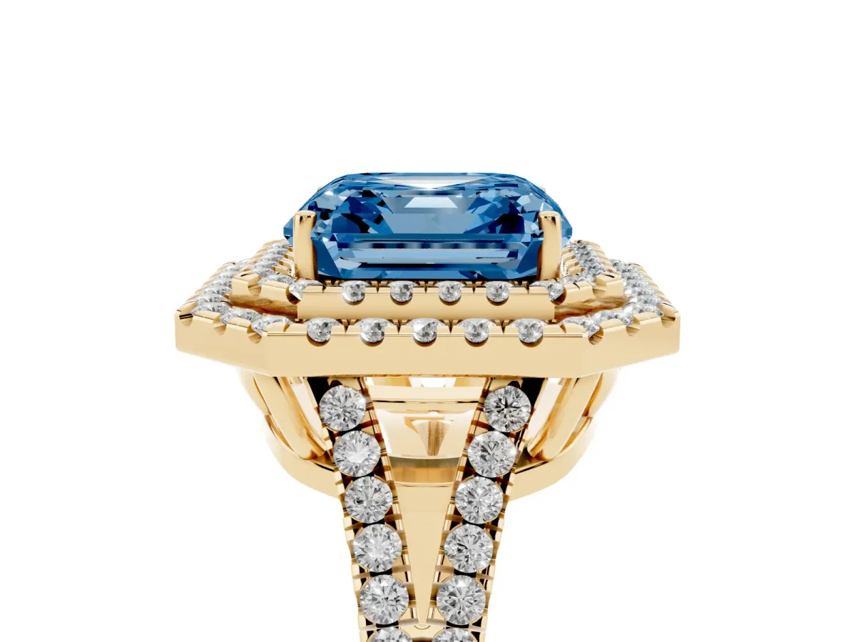 Fancy Blue Asscher Cut Diamond Double Halo Ring with Pavé Band and Prong Setting Yellow gold