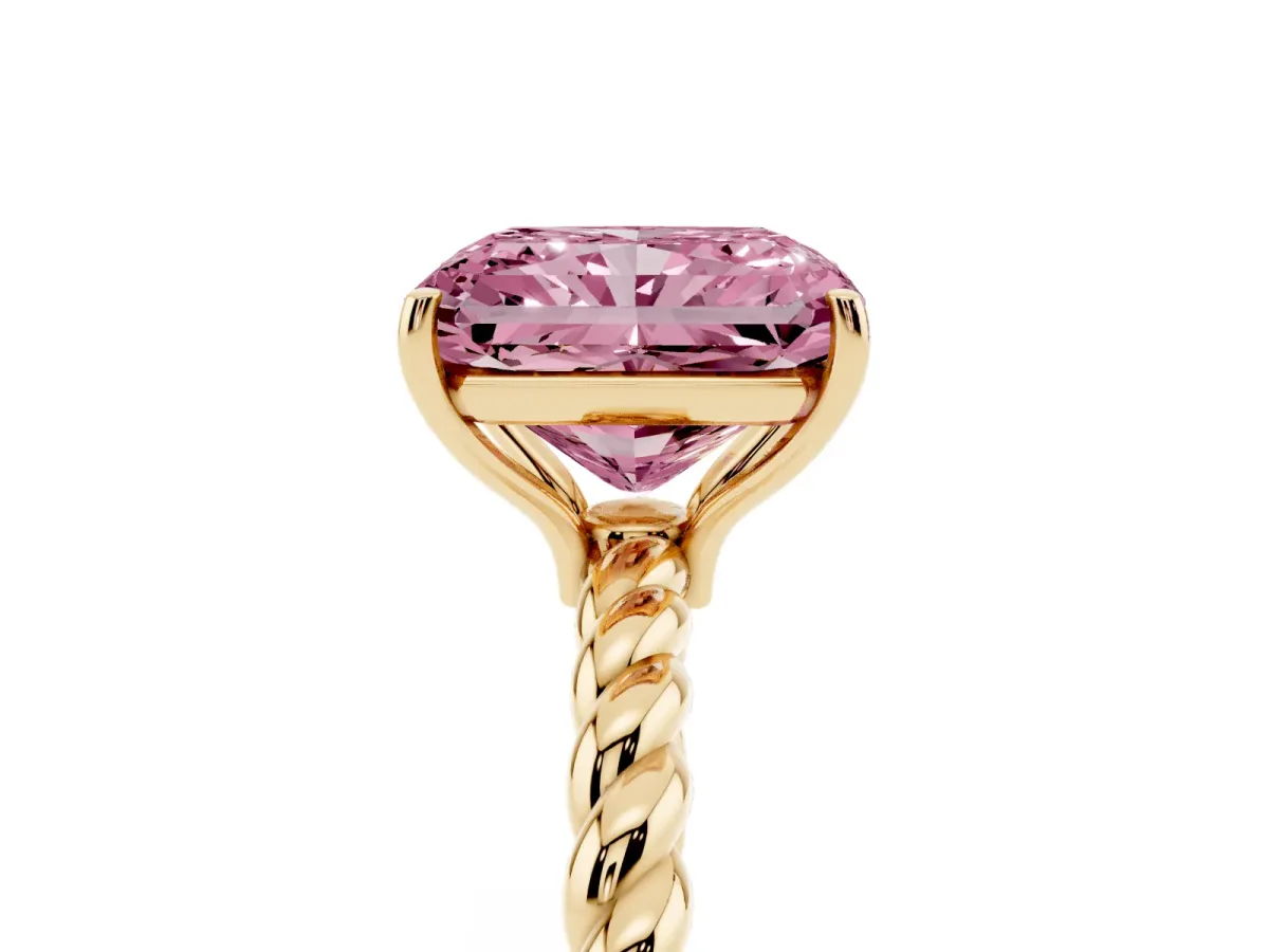 Fancy Pink Radiant Cut Solitaire Twist Band Ring with Four-Prong Setting Yellow gold