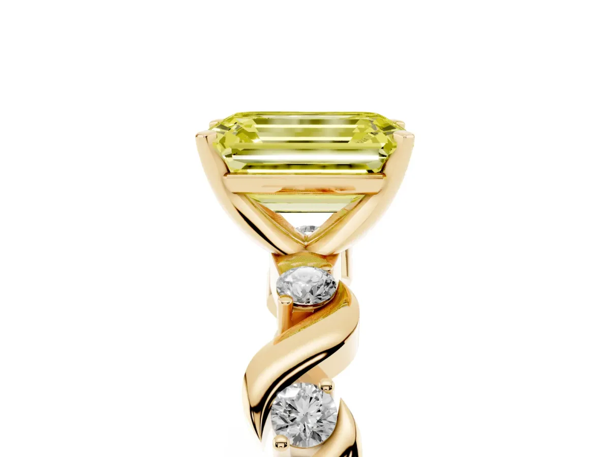 Fancy Yellow Emerald Cut Diamond Solitaire Twisted Band with Round Accents and Prong Setting Yellow gold