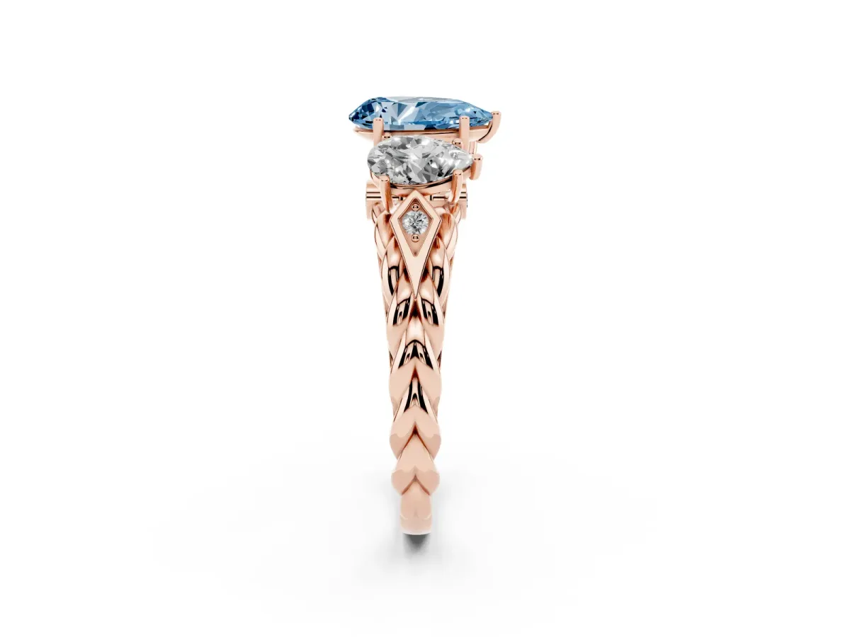 Fancy Blue Three-Stone Pear Cut Diamond Braided Band Ring with Four-Prong Setting Rose gold
