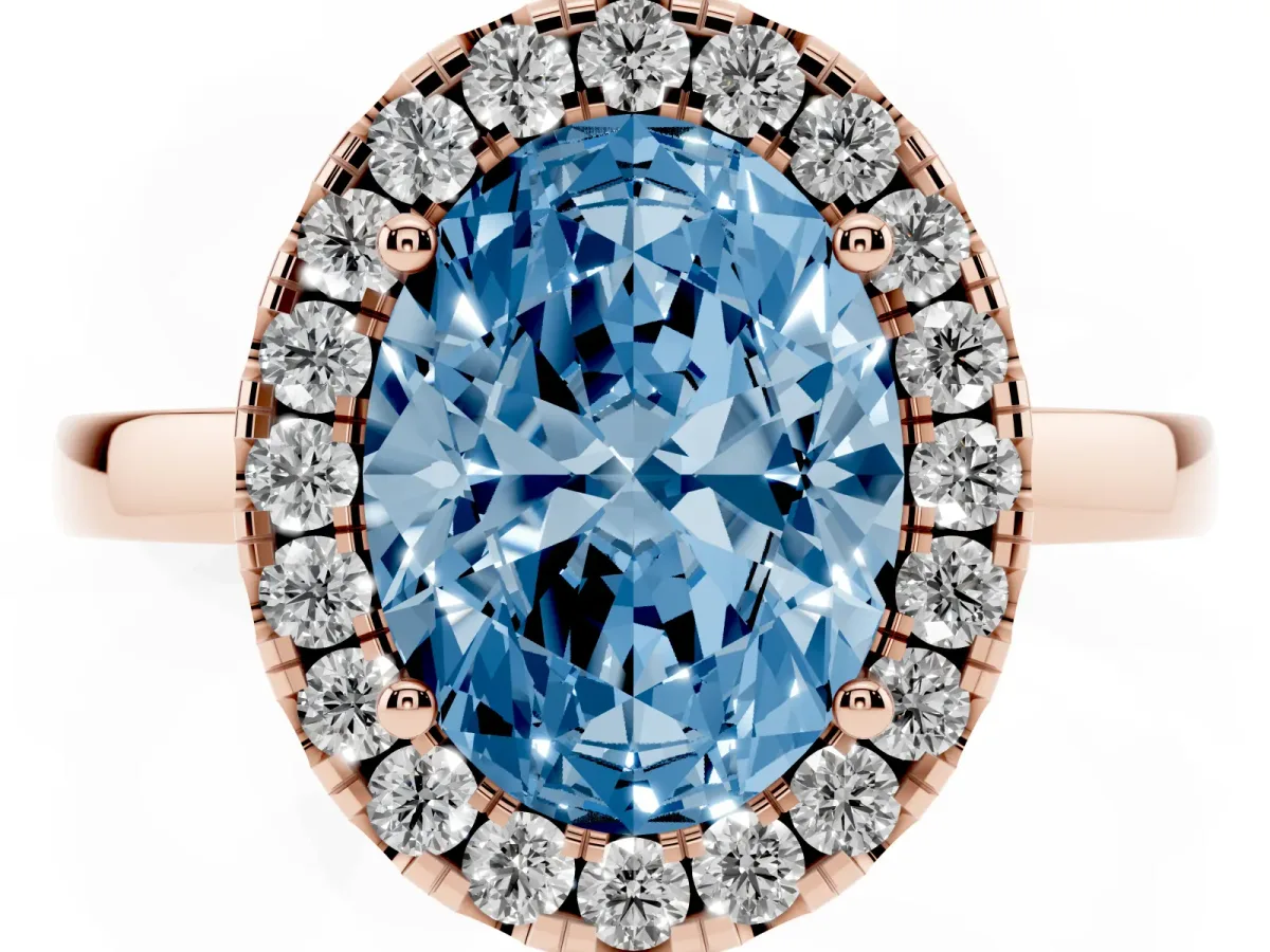 Fancy Blue Oval Cut Halo Diamond Solitaire with Pavé Band and Four-Prong Setting Rose gold