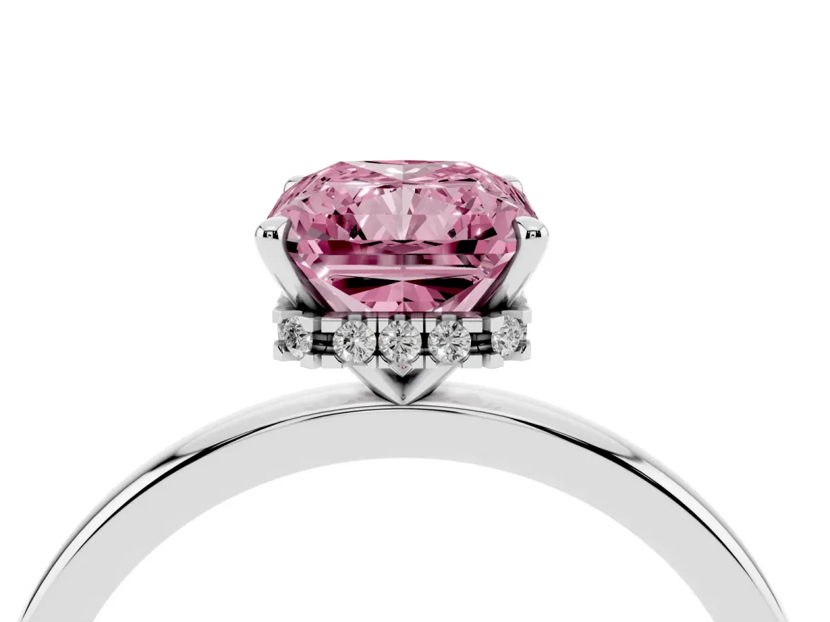 Fancy Pink Radiant Cut Solitaire Engagement Ring with Cathedral Band and Four-Prong Setting White gold