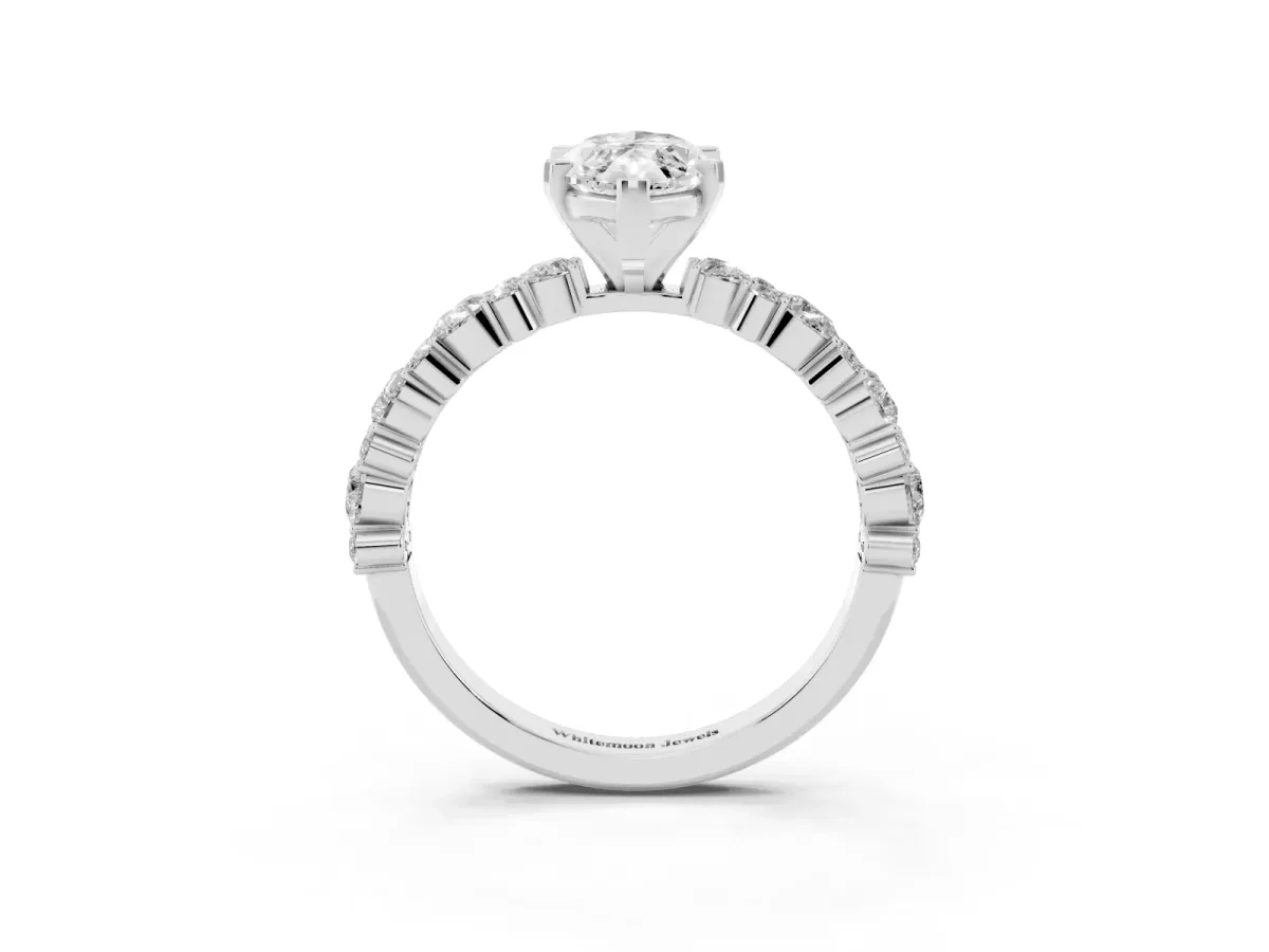 Marquise Cut Diamond Side Stone Solitaire Ring with Round and Four-Prong Setting Silver