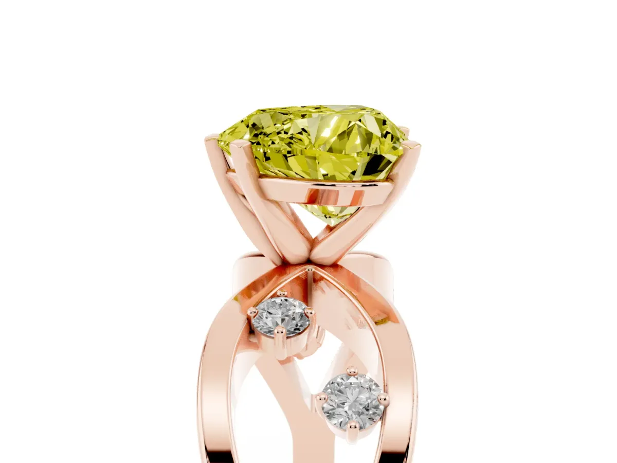 Fancy Yellow Heart Cut Cut Solitaire Diamond with Side Stones on Criss-Cross Band and Four-Prong Setting Rose gold