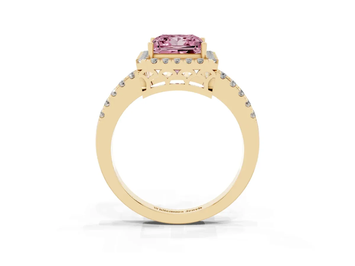 Fancy Pink Princess Cut Halo Diamond Engagement Ring with Pavé Band and Four-Prong Setting Yellow gold