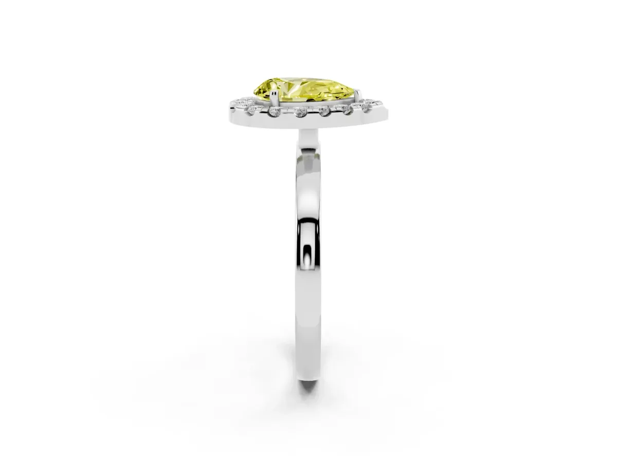 Fancy Yellow Pear Cut Halo Diamond Solitaire with Pavé Band and Four-Prong Setting Silver