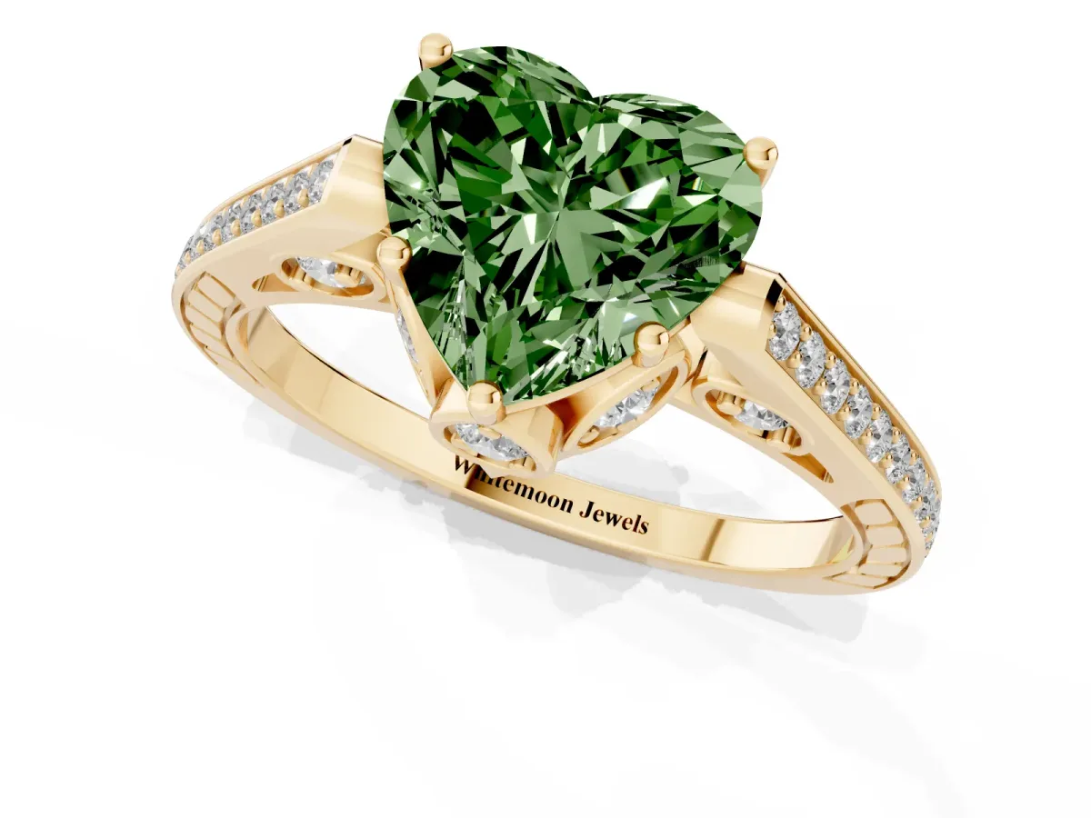 Fancy Green Heart Cut Cut Cathedral Pave Diamond Engagement Ring with Six-Prong Setting Yellow gold