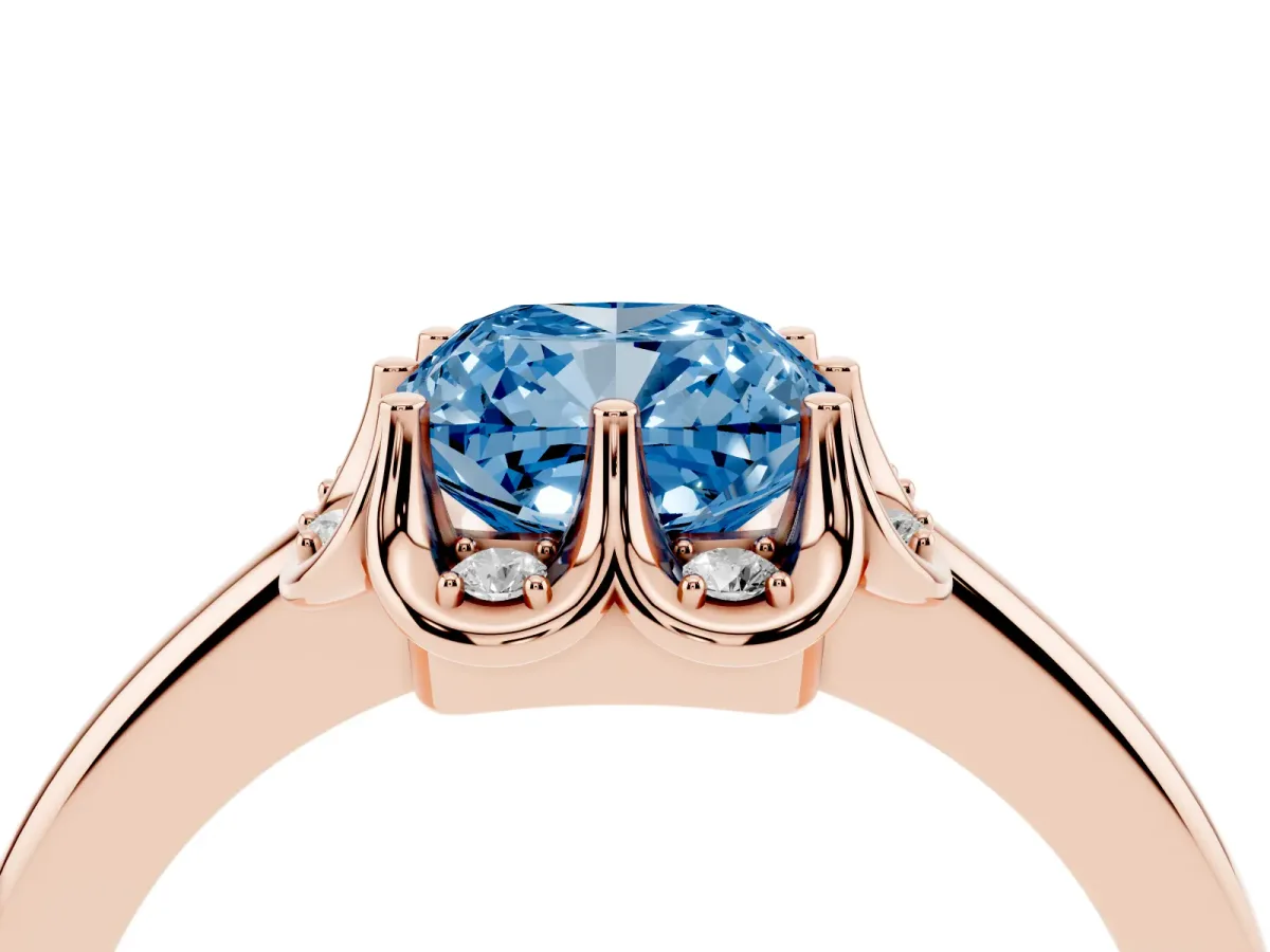 Fancy Blue Cushion Cut Halo Diamond Ring with Round Cluster Setting, Solitaire Band, and Four-Prong Setting Rose gold