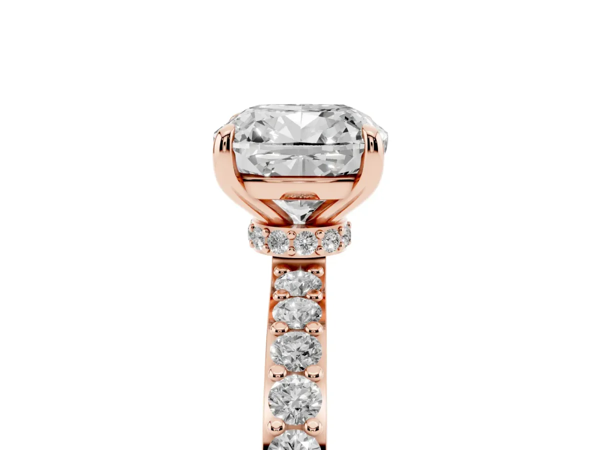 Cushion Cut Diamond Solitaire Engagement Ring with Pavé Band and Four-Prong Setting Rose gold