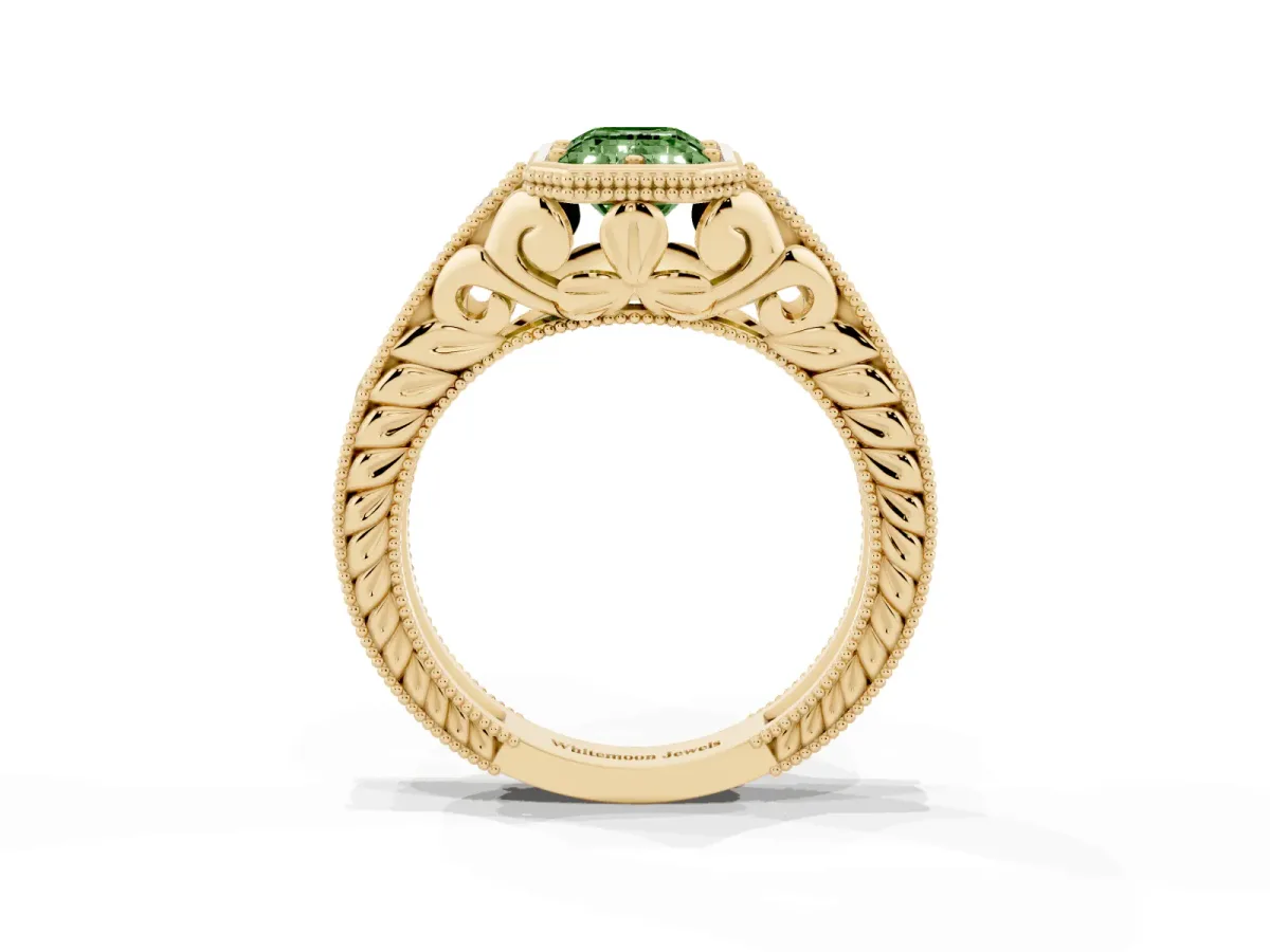 Fancy Green Bezel Set Emerald Cut Diamond Milgrain Pave Engagement Ring Yellow gold