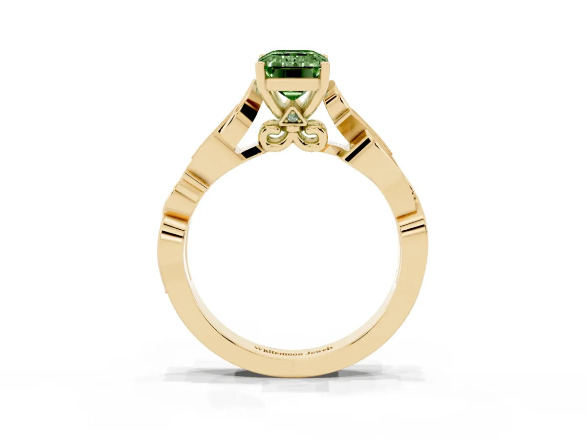 Fancy Green Emerald Cut Solitaire Vine Band with Milgrain Prong Setting Yellow gold