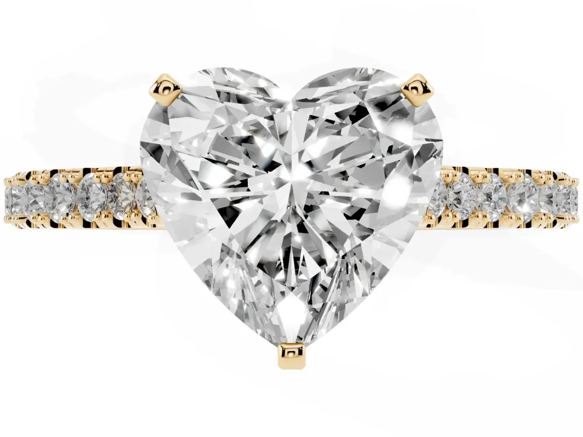 Heart Cut Cut Solitaire Diamond Engagement Ring with Pave Band and Four-Prong Setting Yellow gold