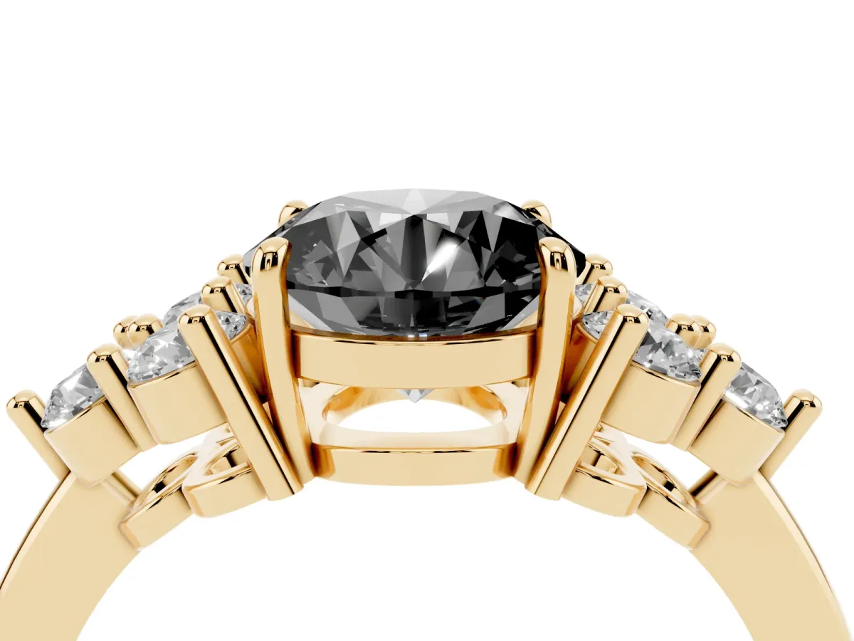 Fancy Black Round Cut Brilliant Diamond Cluster Accent Solitaire Ring with Prong Setting Yellow gold