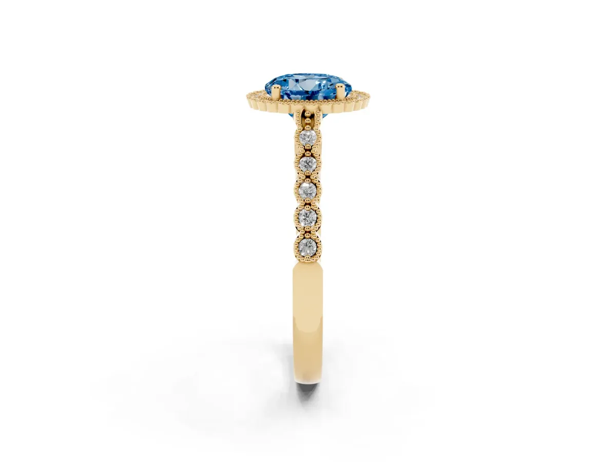 Fancy Blue Round Cut Cut Halo Pavé Solitaire Ring with Milgrain Band Yellow gold