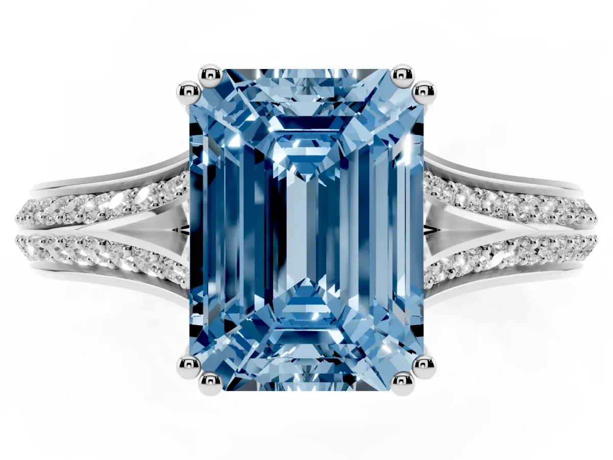 Fancy Blue Emerald Cut Diamond Split Shank Engagement Ring with Pavé Band Silver