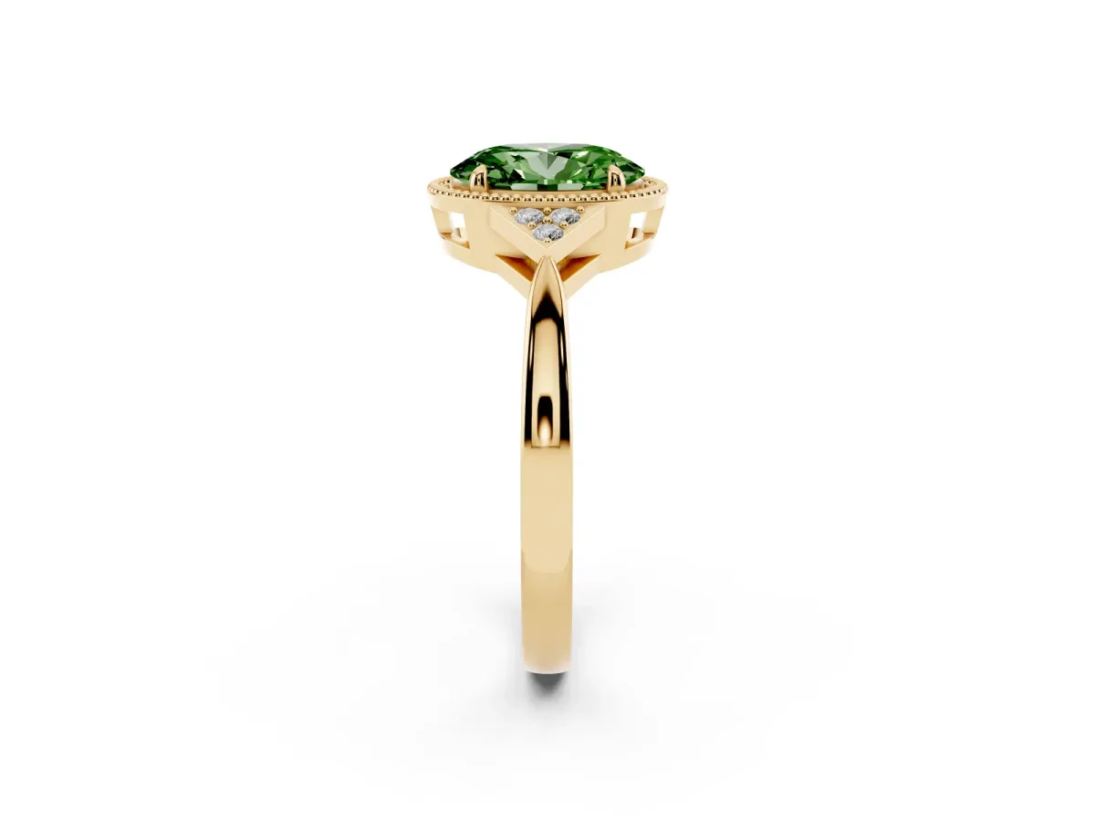 Fancy Green Oval Cut Diamond Halo Ring with Tapered Band and Four-Prong Setting Yellow gold