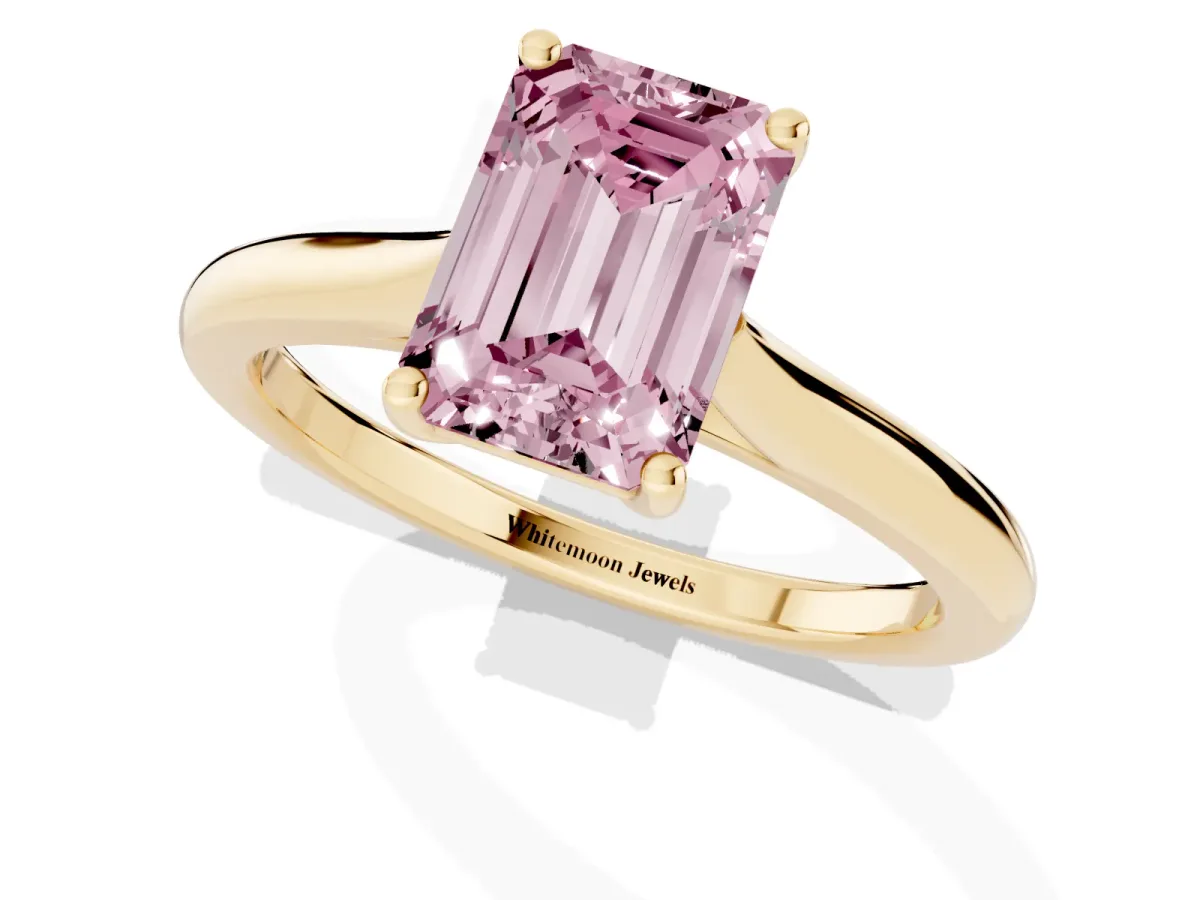 Fancy Pink Emerald Cut Cut Solitaire Ring with Cathedral Band and Four-Prong Setting Yellow gold