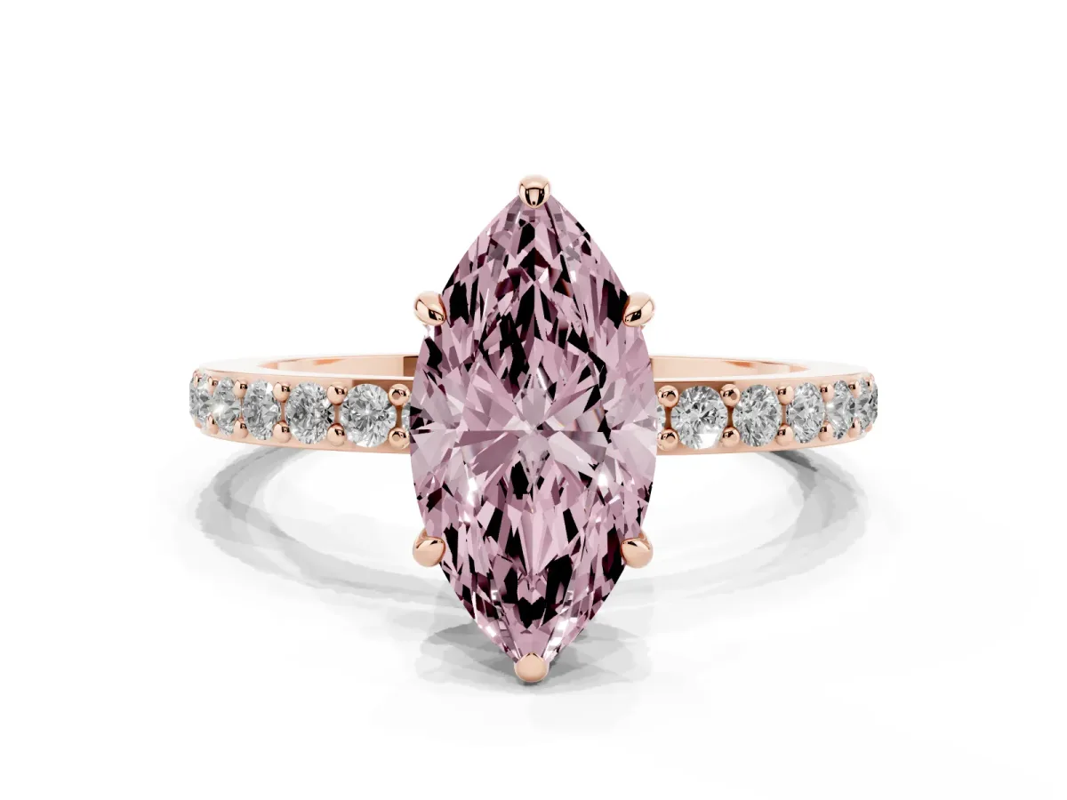 Fancy Pink Marquise Cut Diamond Pavé Engagement Ring with Round Accents and Prong Setting Rose gold