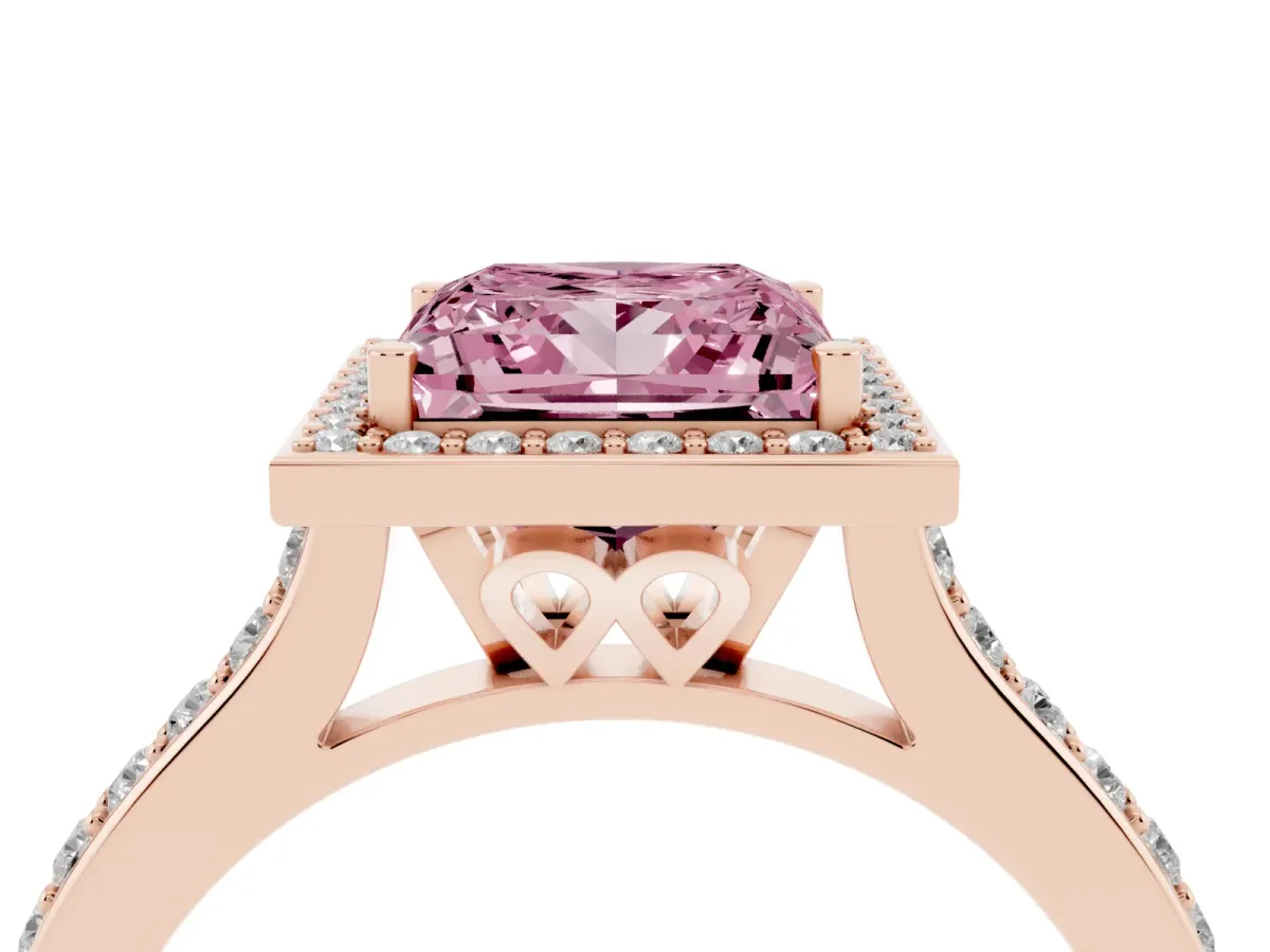 Fancy Pink Princess Cut Diamond Halo Engagement Ring with Round Pavé Shoulders and Prong Setting Rose gold