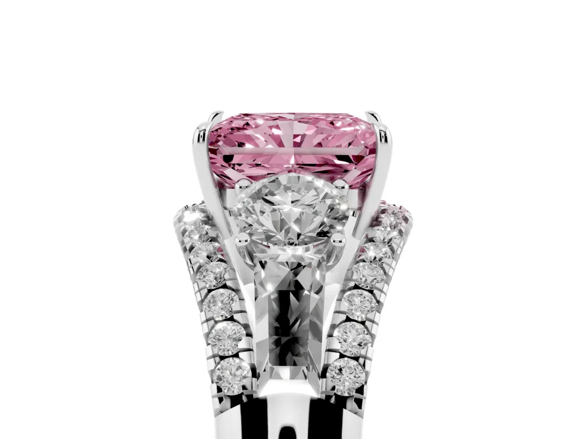 Fancy Pink Three-Stone Radiant Cut Diamond Engagement Ring with Pave Band and Prong Setting Silver