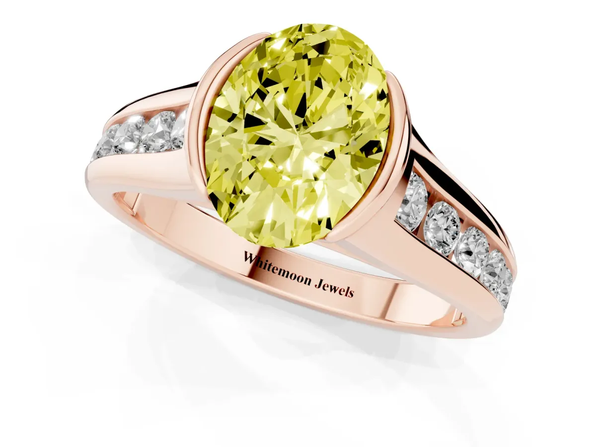 Fancy Yellow Oval Cut Solitaire Bezel-Set Diamond Ring with Channel-Set Band Rose gold