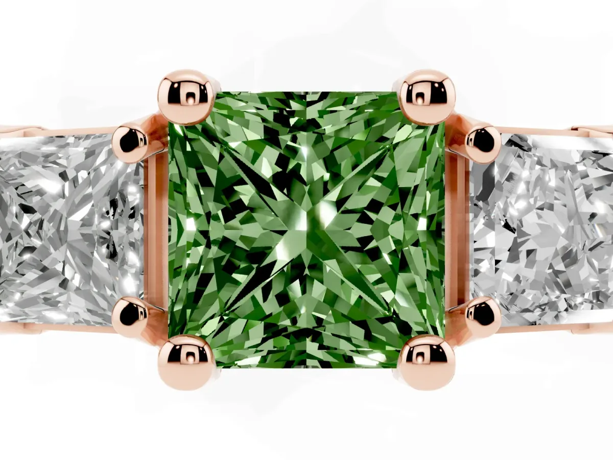 Fancy Green Princess Cut Diamond Three-Stone Ring with Channel Set Band and Four-Prong Setting Rose gold