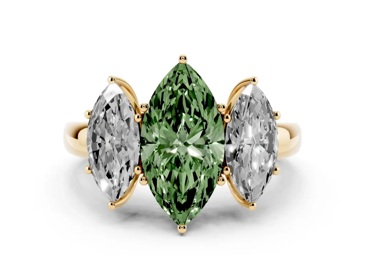 Fancy Green Marquise Cut Diamond Three-Stone Ring with Four-Prong Setting and Classic Band Yellow gold
