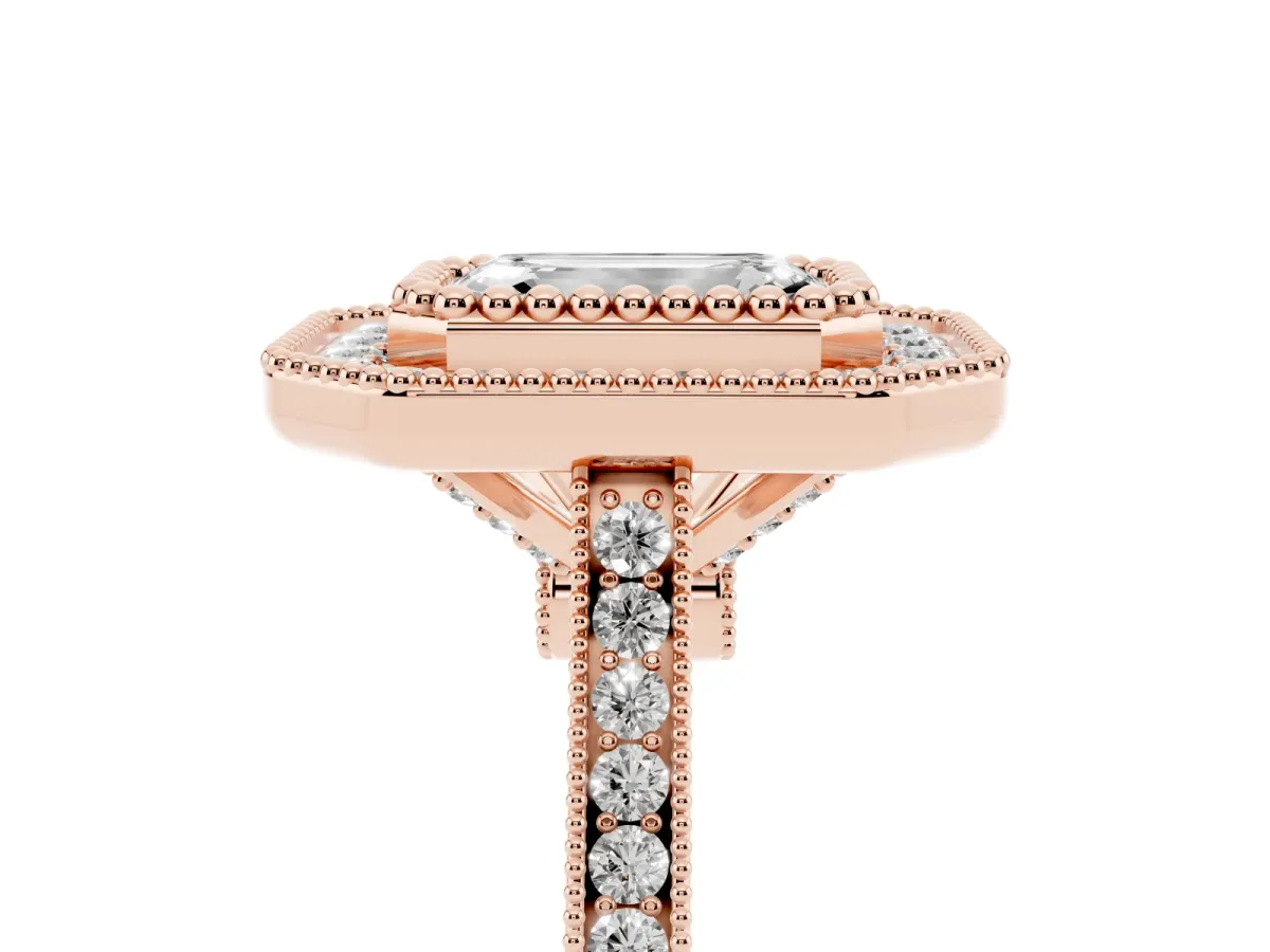 Emerald Cut Diamond Halo Ring with Milgrain Frame and Pavé Band Rose gold