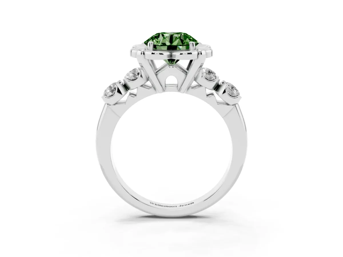 Fancy Green Round Cut Cut Diamond Floral Halo Engagement Ring with Shared Prong Setting Silver