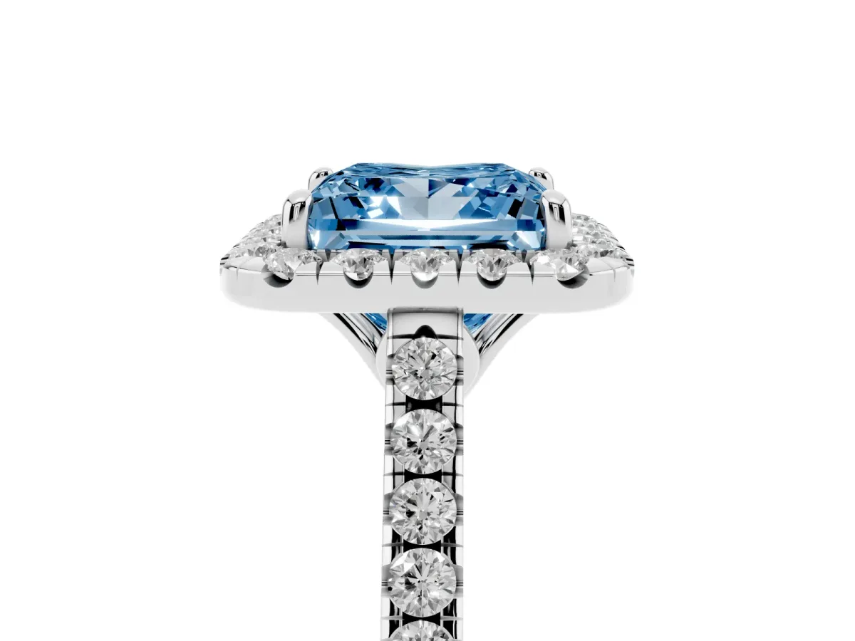 Fancy Blue Princess Cut Halo Pavé Diamond Engagement Ring with Four-Prong Setting Silver