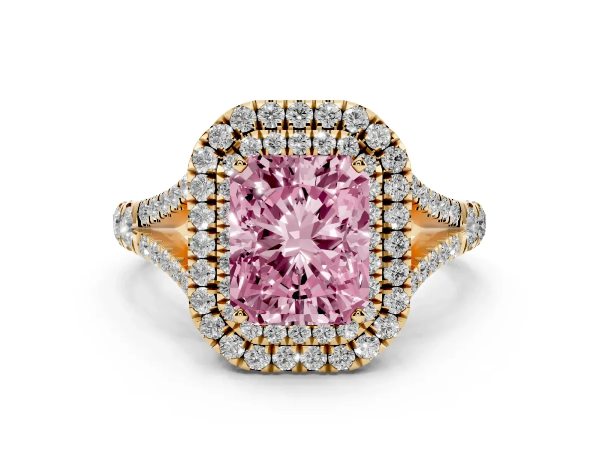 Fancy Pink Radiant Cut Diamond Pavé Split Shank Double Halo Engagement Ring Yellow gold